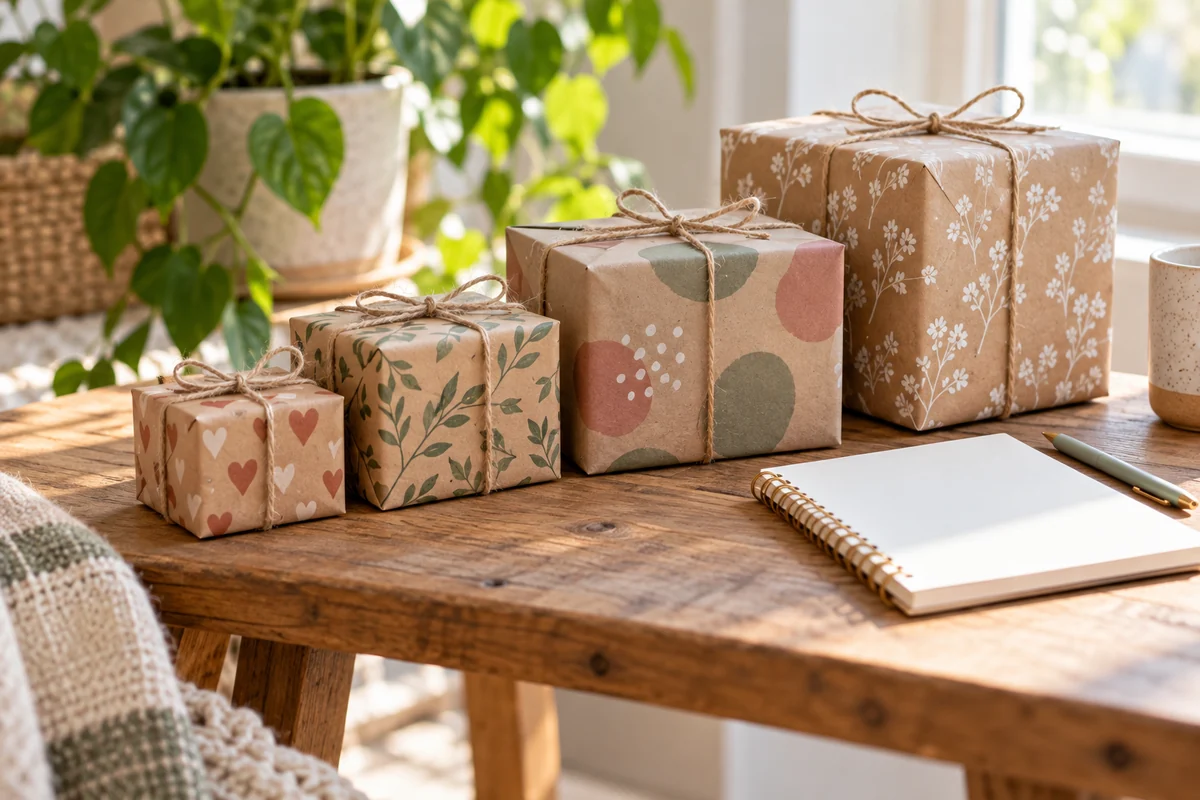 A row of small parcels on a bench next to a notebook and a pen