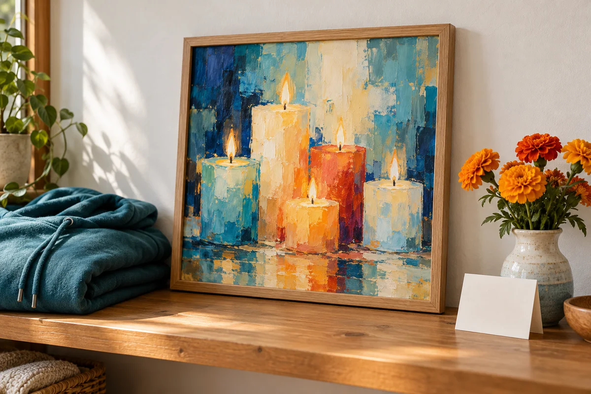 A framed painting of birthday candles leaning on a shelf beside a folded hoodie.