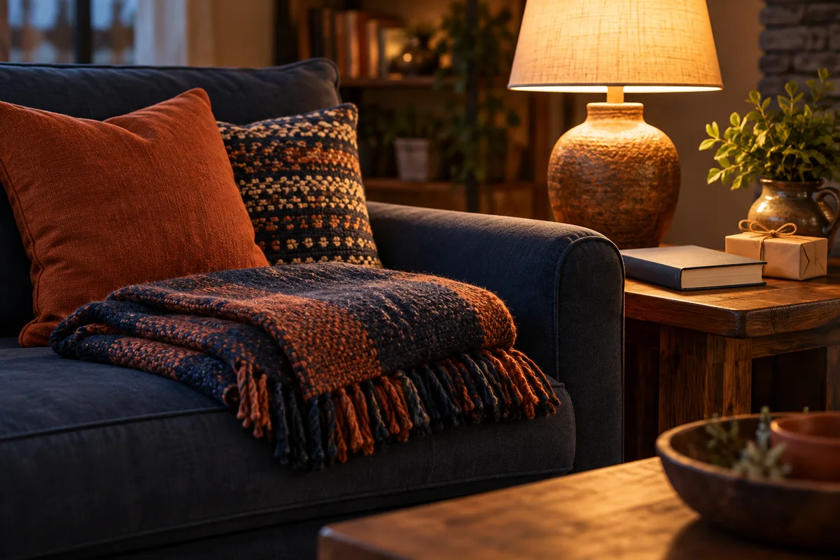 A folded blue-and-terracotta blanket on a den sofa with a lit lamp.