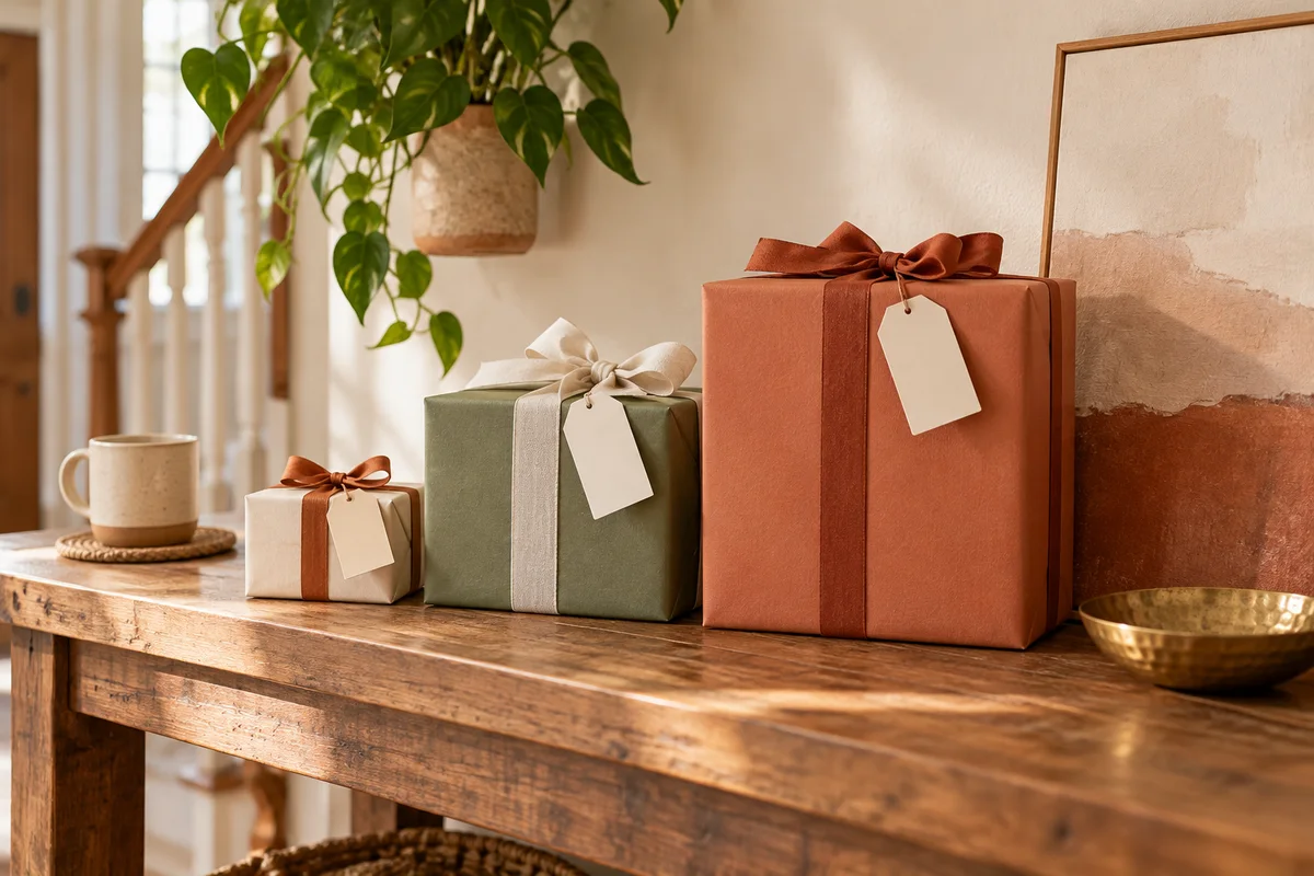 Three gifts of different sizes lined up on a hallway console