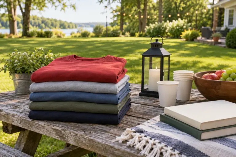 Folded matching tees and a sweatshirt stacked on a picnic table beside a lantern and cups.