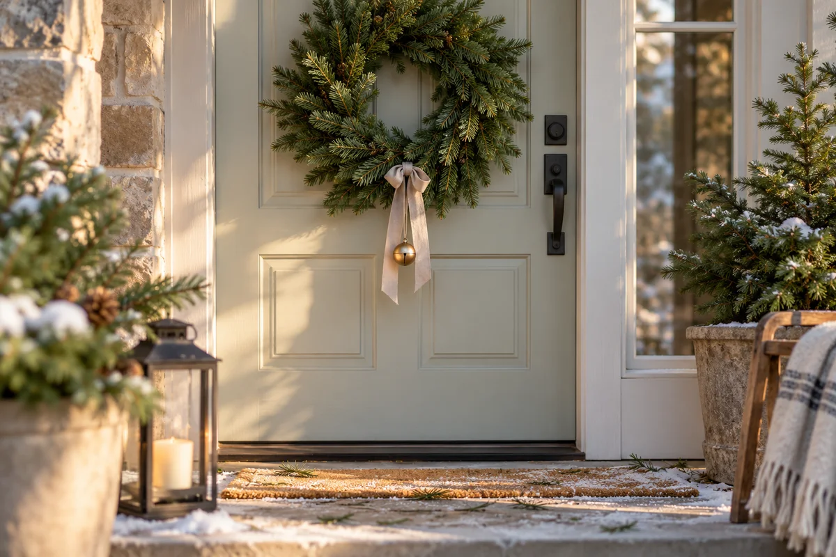 An evergreen wreath on a door with a single small ornament tied to the ribbon.