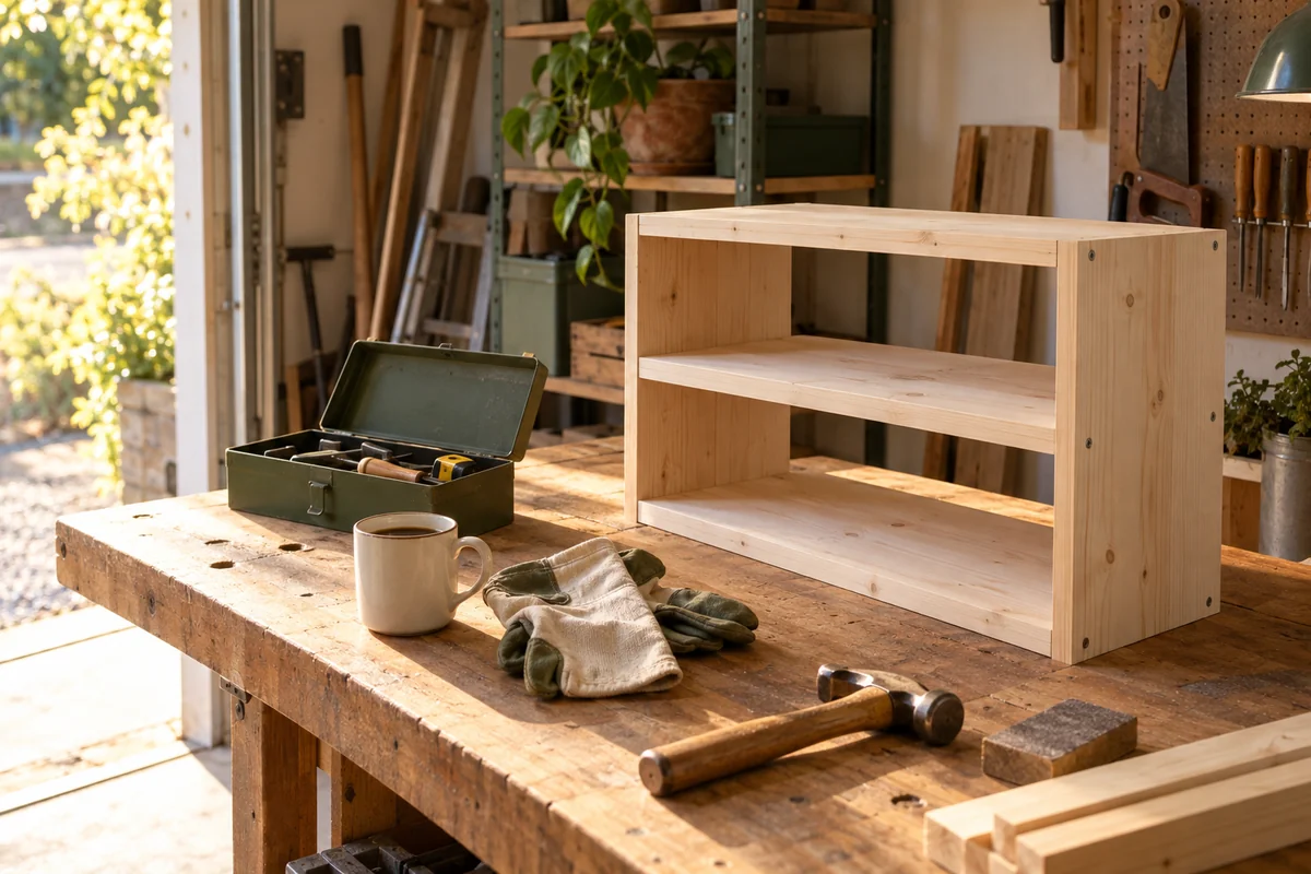 A garage workbench with a half-finished shelf, a mug of coffee and a pair of work gloves.