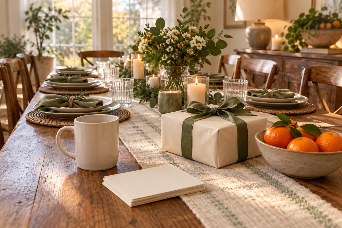A table with a plain mug, a wrapped box and a stack of blank cards ready for a family to sign.