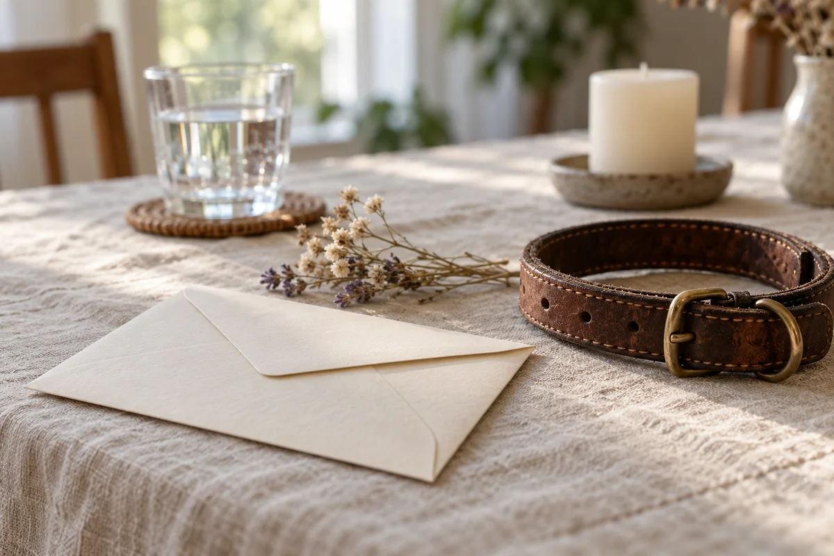 A dried flower sprig beside a worn dog collar and a sealed envelope on a cloth.