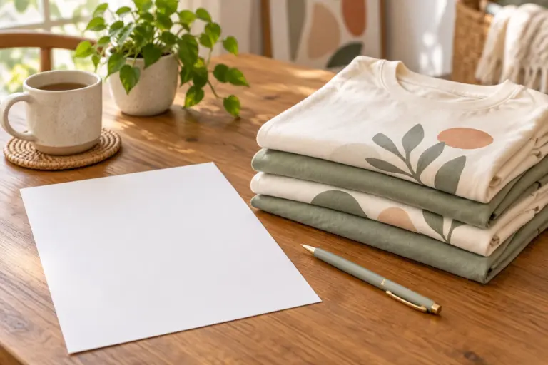 A sheet of paper and a pen on a table beside a pile of folded plain tees