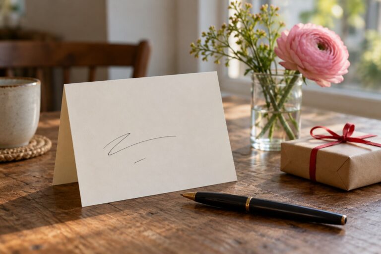A blank Valentine's card, a pen and a small wrapped gift on a table.