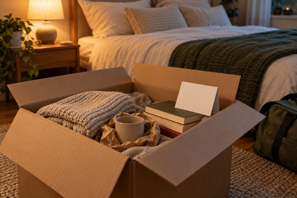 A packed cardboard box with a knit throw, a mug, books and a blank card on a bedroom floor beside a bed.