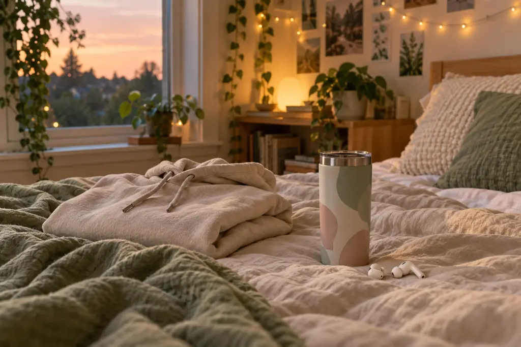 A folded hoodie, a skinny tumbler and a pair of earbuds on an unmade bed beside a window.
