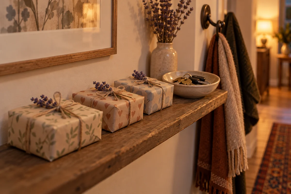 Three small wrapped gifts lined up on a shelf by a front door