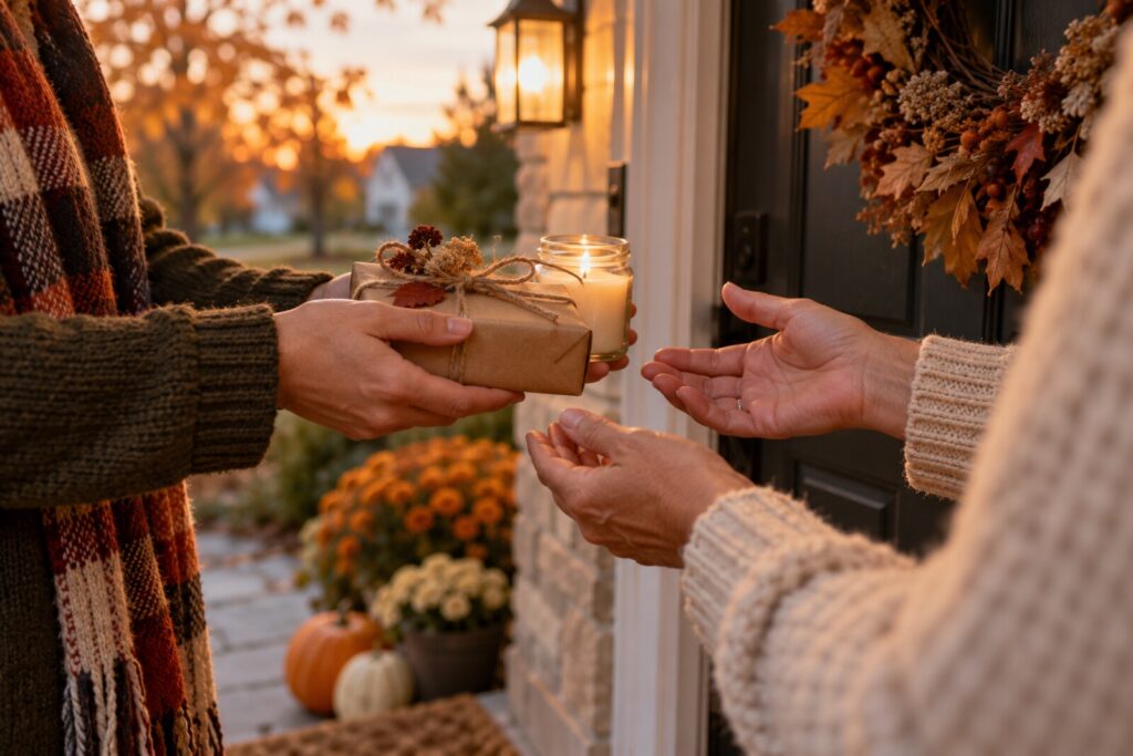 A guest handing a small wrapped gift and a candle to a host at a front door.