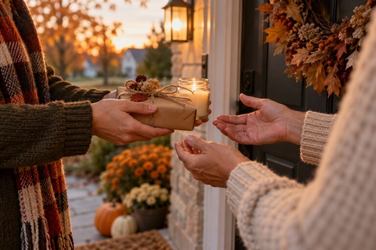 A guest handing a small wrapped gift and a candle to a host at a front door.
