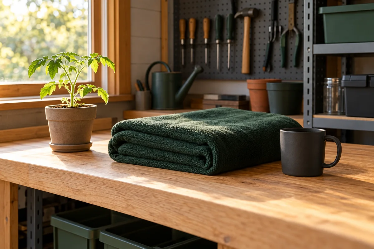 A garage workbench with a clear surface, a seedling pot and a folded green blanket.