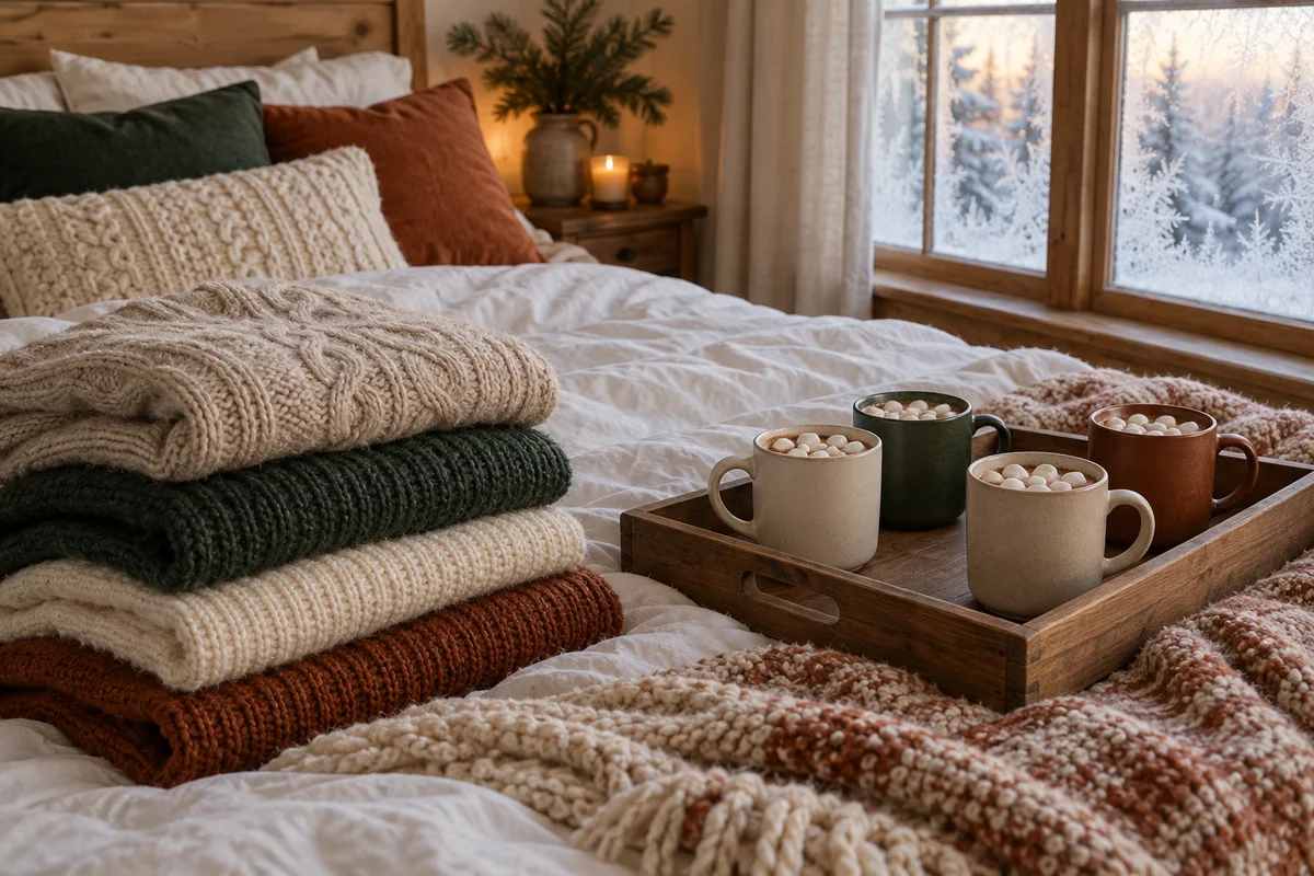 Four plain mugs of cocoa on a tray beside folded plain sweaters on a bed.