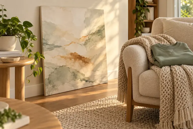 A framed family canvas leaning on a wall beside a folded sweatshirt and a knit throw on an armchair.