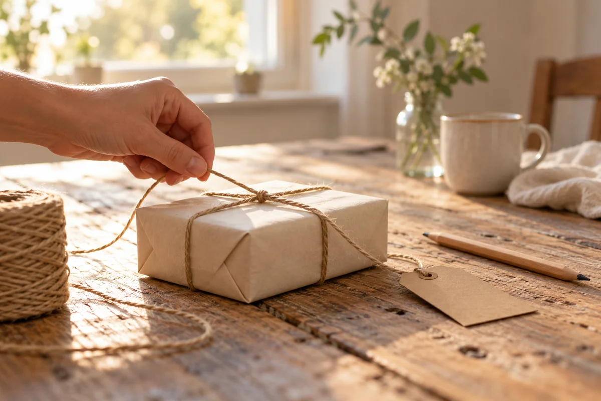 A hand tying twine around a small gift wrapped in plain paper on a table.
