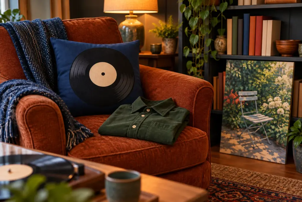 A record-themed cushion, a canvas print and a folded shirt on a den armchair.