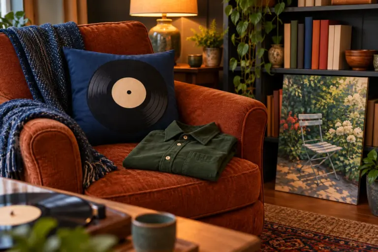A record-themed cushion, a canvas print and a folded shirt on a den armchair.
