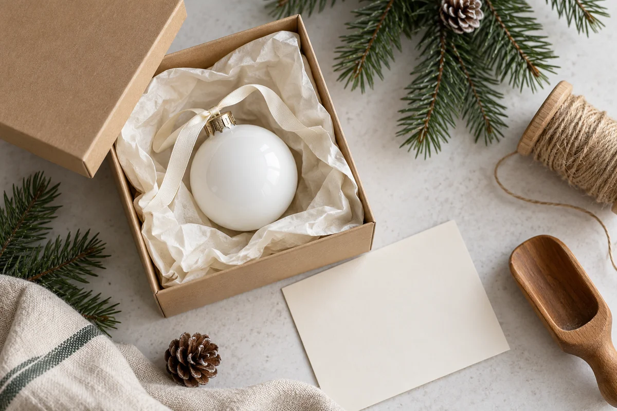 A round ornament with a ribbon sitting in an open small gift box lined with tissue paper.