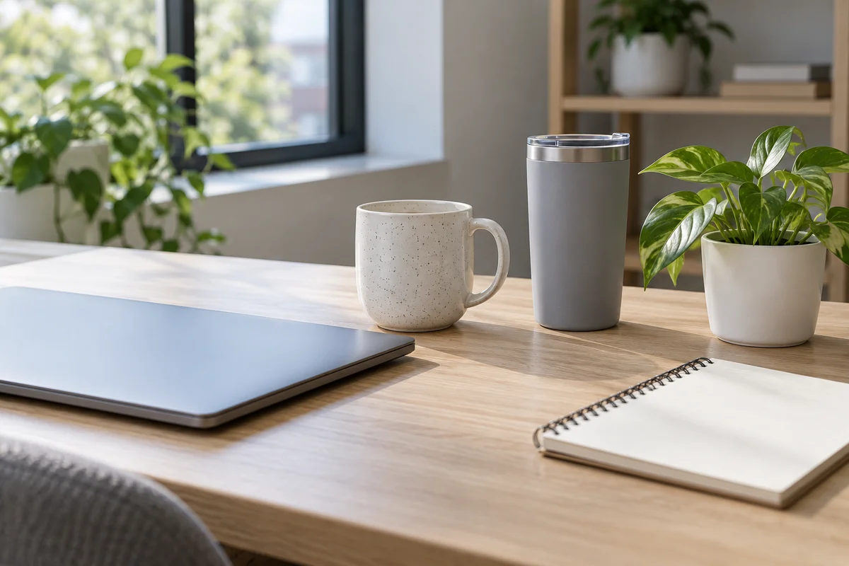A plain speckled mug, a matte tumbler and a small plant lined up on a clean office desk.