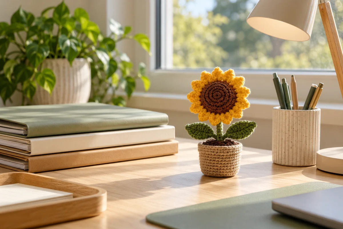 A small crocheted sunflower in a pot on an office desk beside a stack of folders.