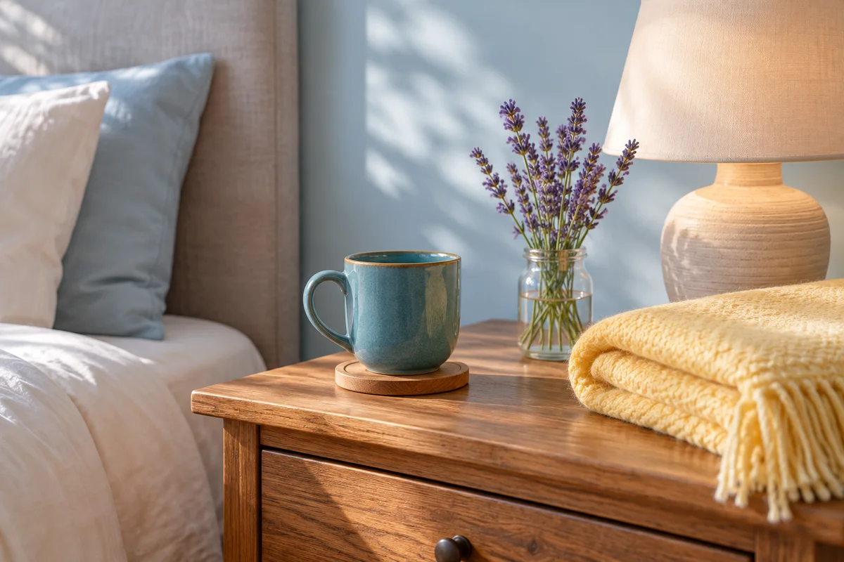 A quiet bedside table with a mug, a folded blanket and a glass of lavender sprigs.
