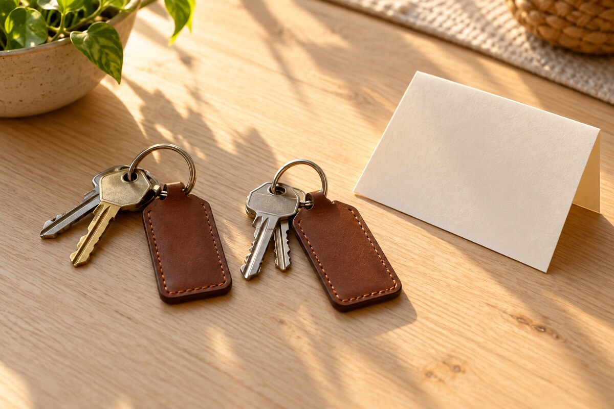 A pair of keys with matching tags on a table beside a blank folded note