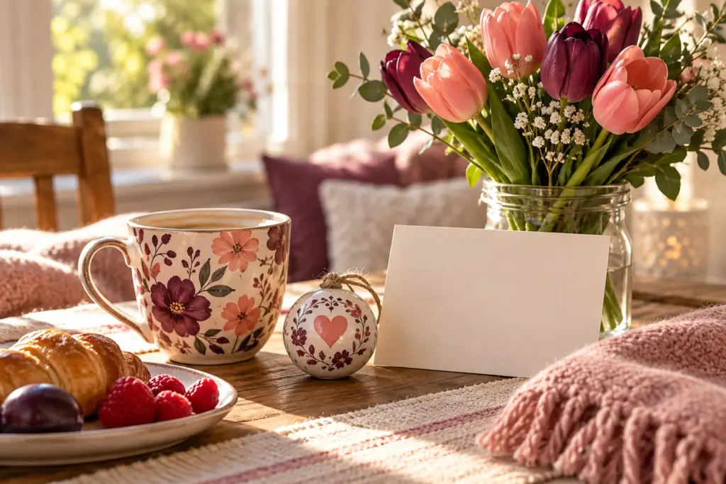A mug, a soft blanket and a small ornament with coral hearts on a breakfast table.