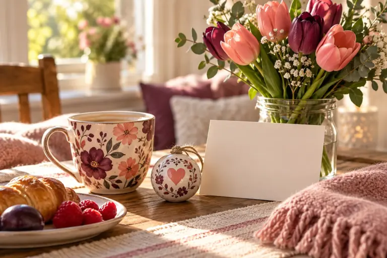 A mug, a soft blanket and a small ornament with coral hearts on a breakfast table.