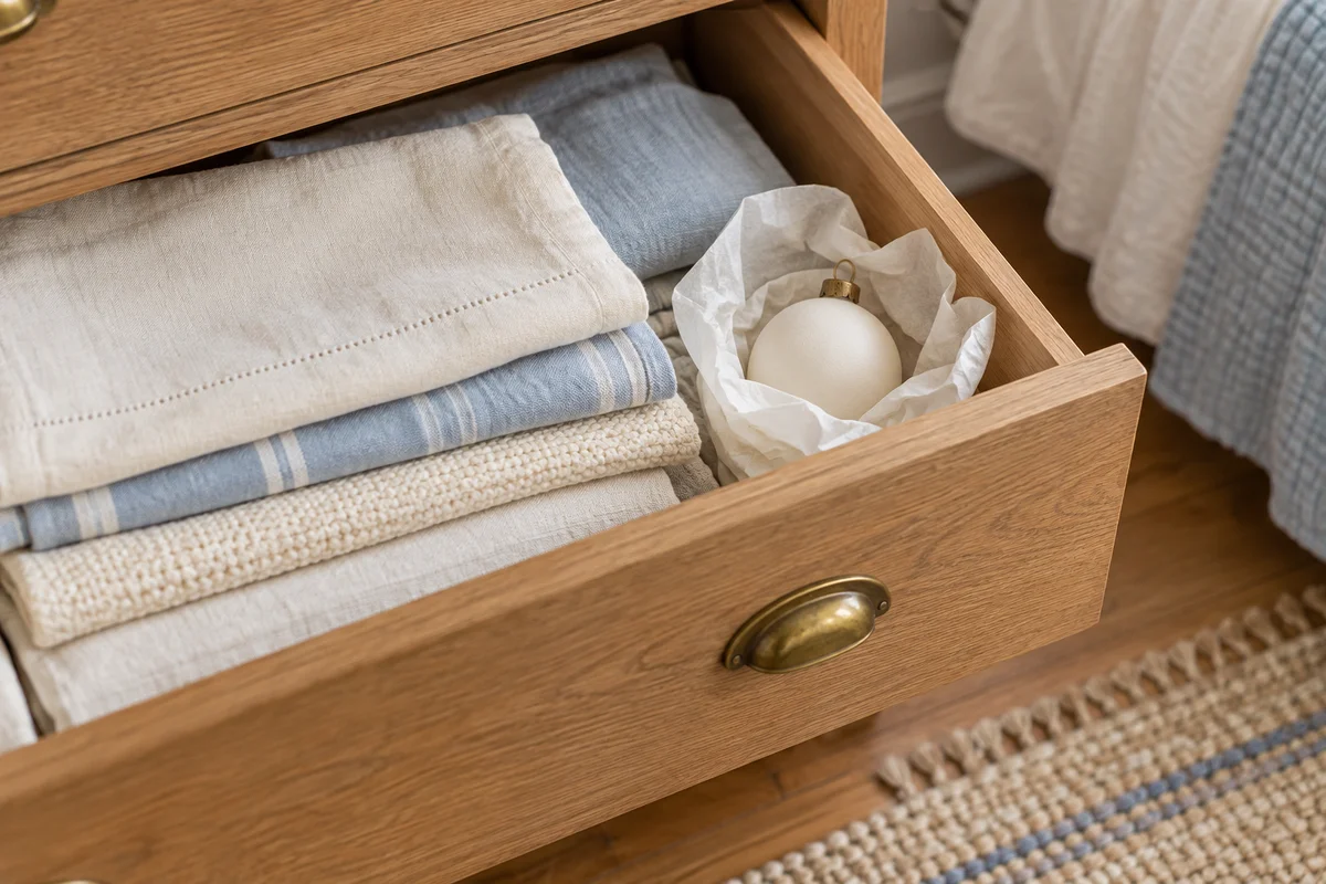 A shallow drawer holding a few folded cloths and a plain round ornament wrapped in tissue.