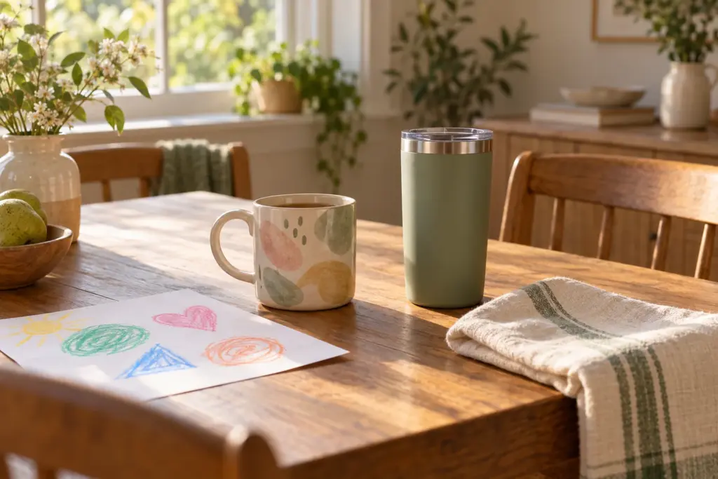 A family mug, a matte tumbler and a child's crayon drawing on a table beside a window.