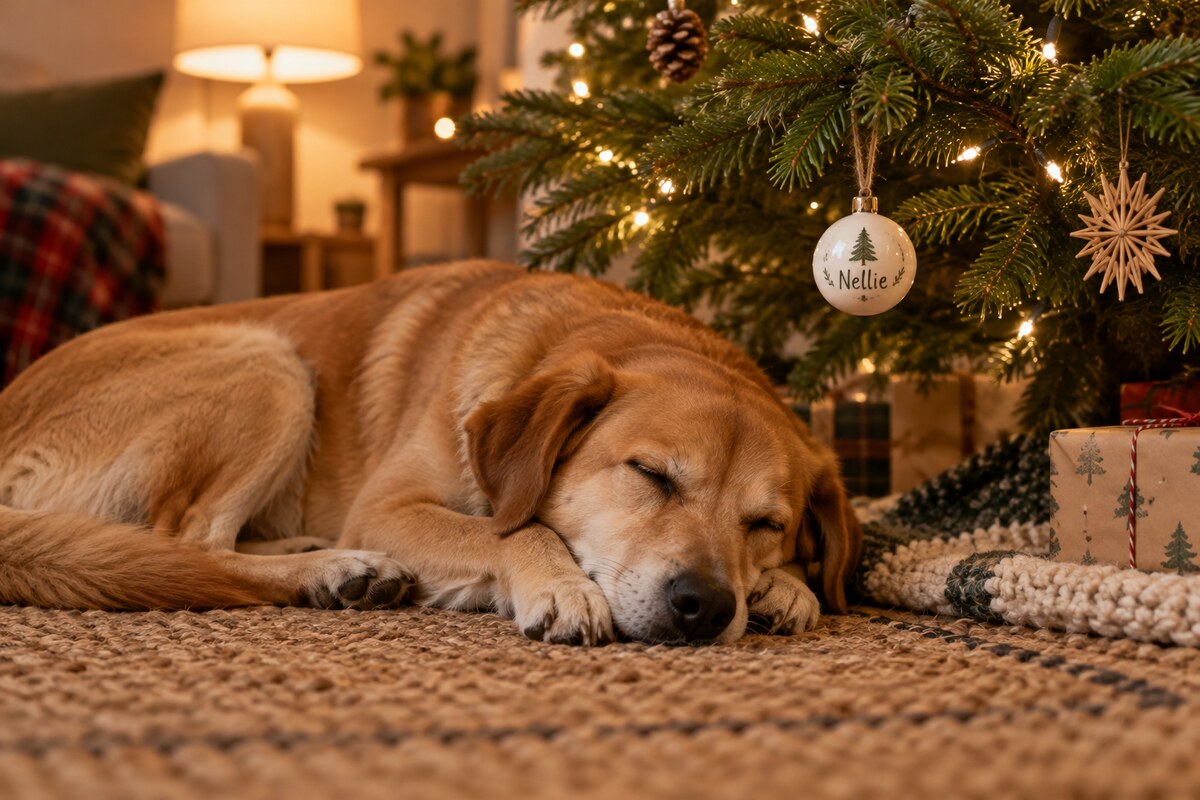A sleeping dog curled on a rug beneath a tree with a small ornament hanging low