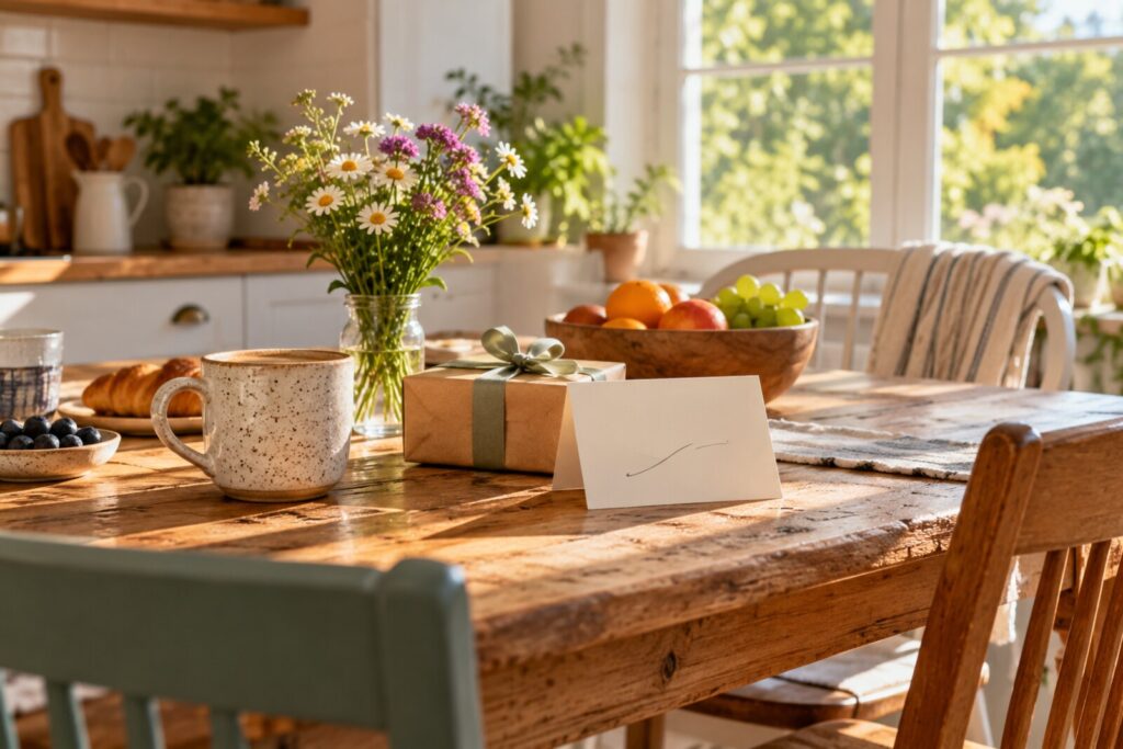 A kitchen table with a mug, a card and a small wrapped gift set for a family breakfast.