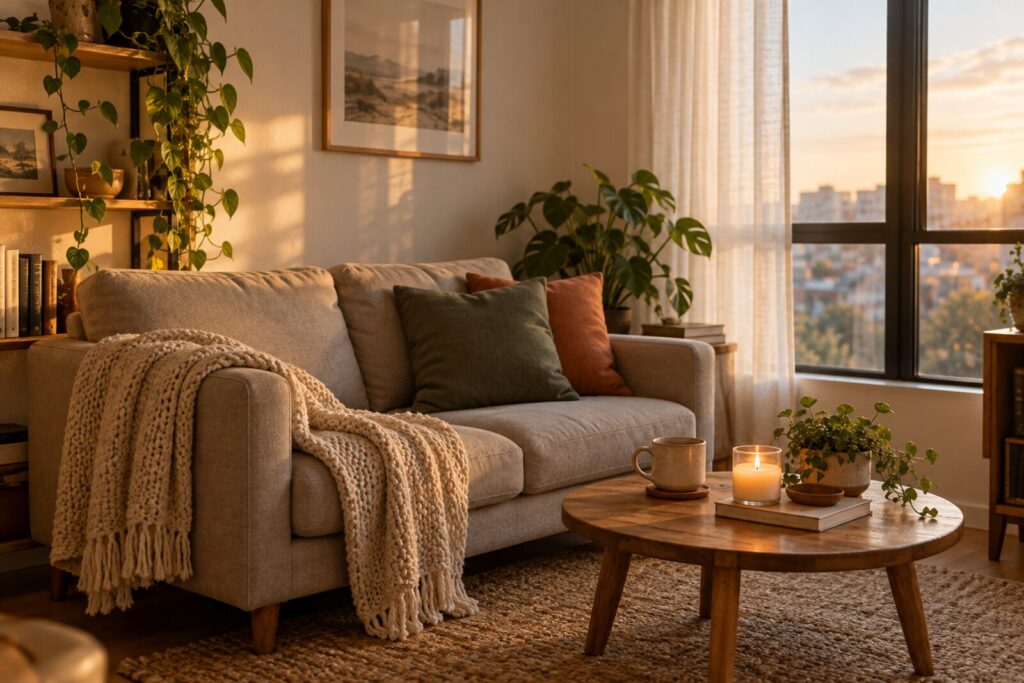A small apartment corner with a sofa, a throw, a candle and a mug on a low table in warm light.