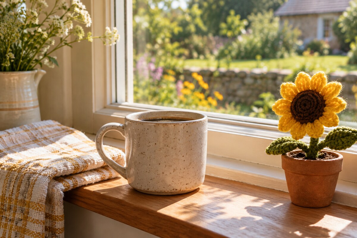 A coffee mug on a windowsill beside a small potted crocheted sunflower
