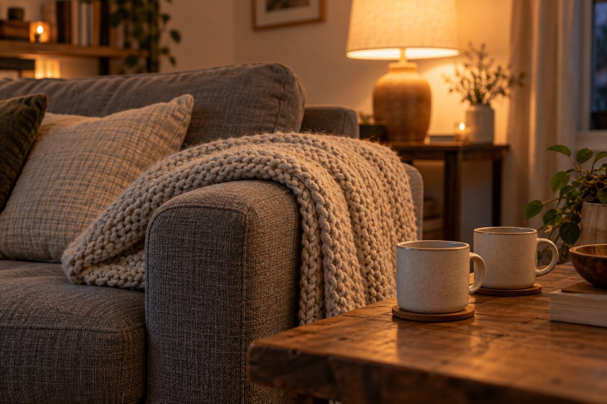 A folded knit throw and two mugs on a sofa arm in soft evening light