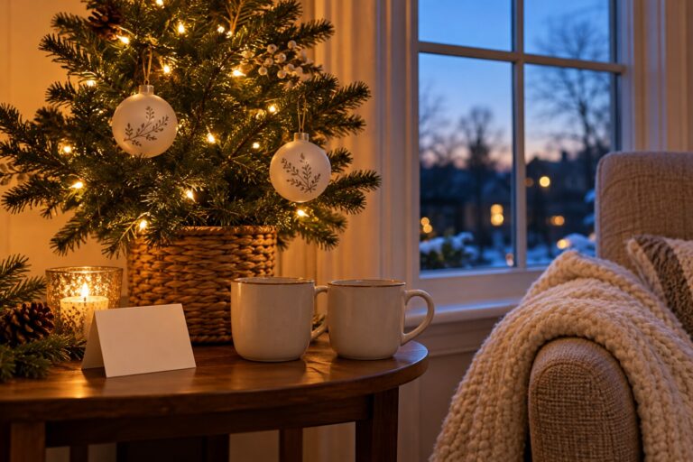 A small tree with two matching ornaments, two mugs and a folded blanket by a window at dusk.