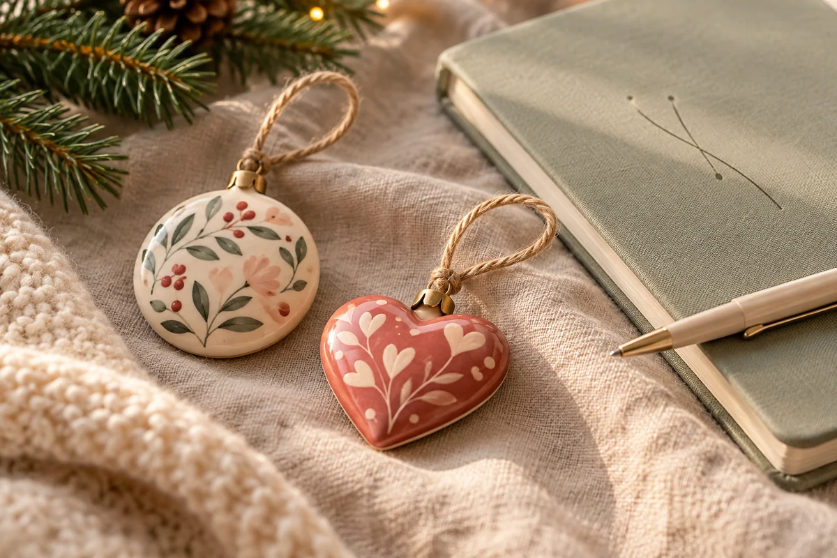 Two ornaments on a table beside a small notebook and a pen