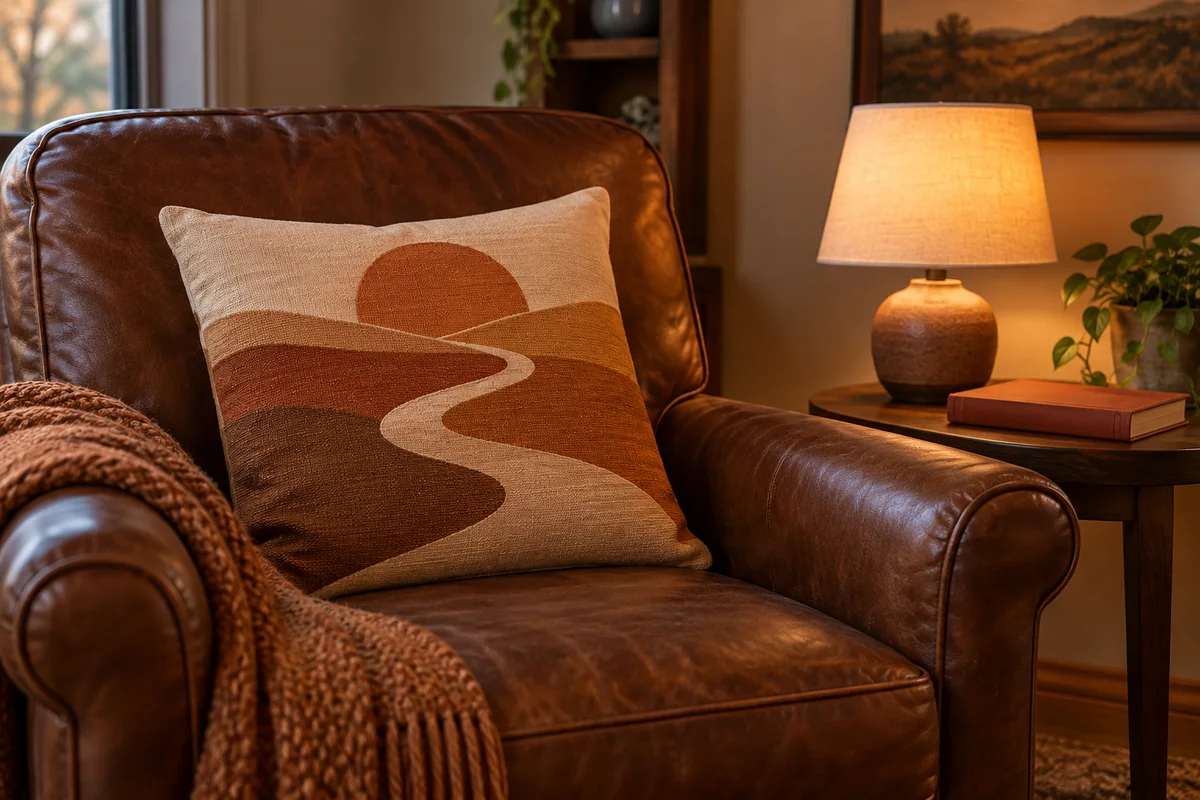 A pillow with a winding road motif on a den armchair beside a small lamp.