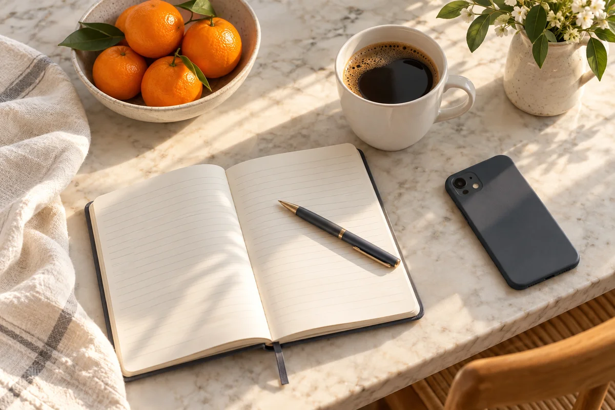A notebook with blank lines, a pen and a coffee cup on a kitchen table beside a phone lying face down.