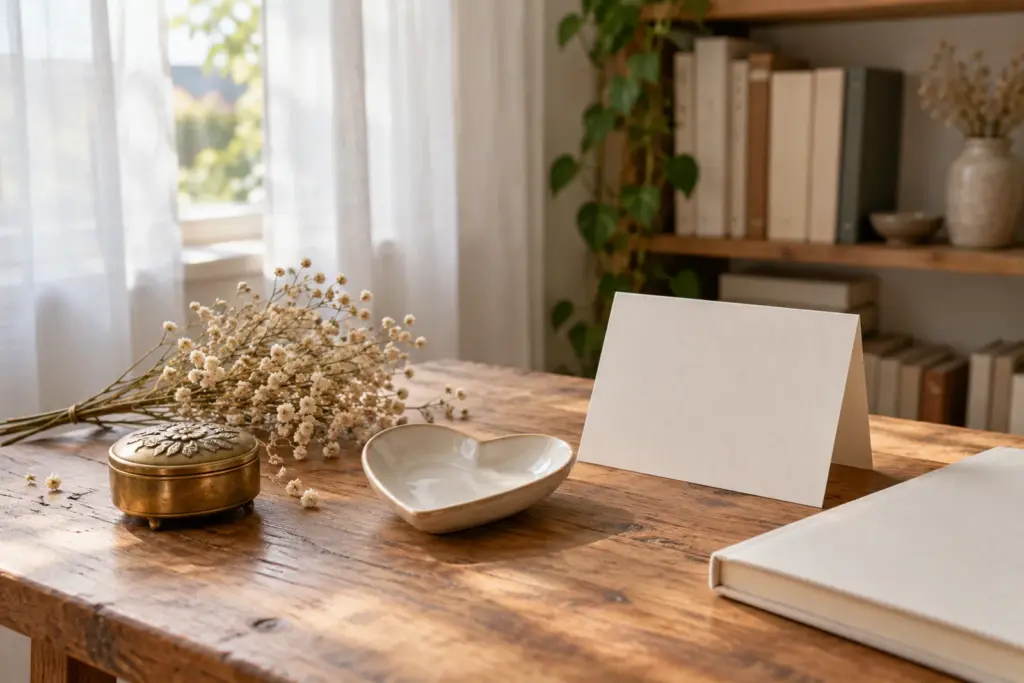 A small keepsake, a sprig of dried flowers and a blank card on a table.