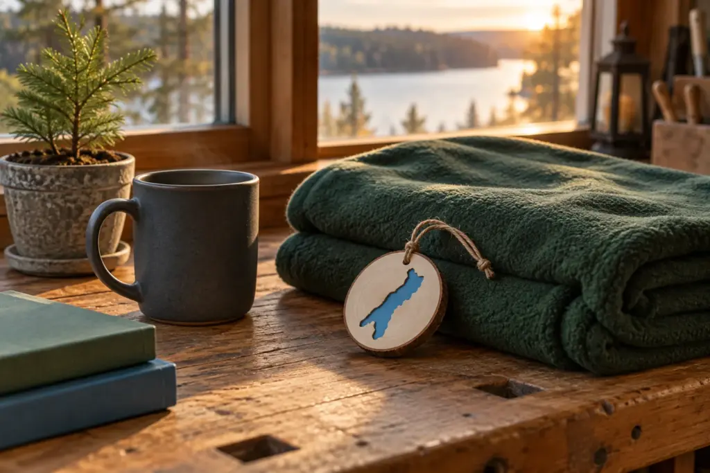 A mug, a folded blanket and a small ornament arranged on a workbench beside a window.