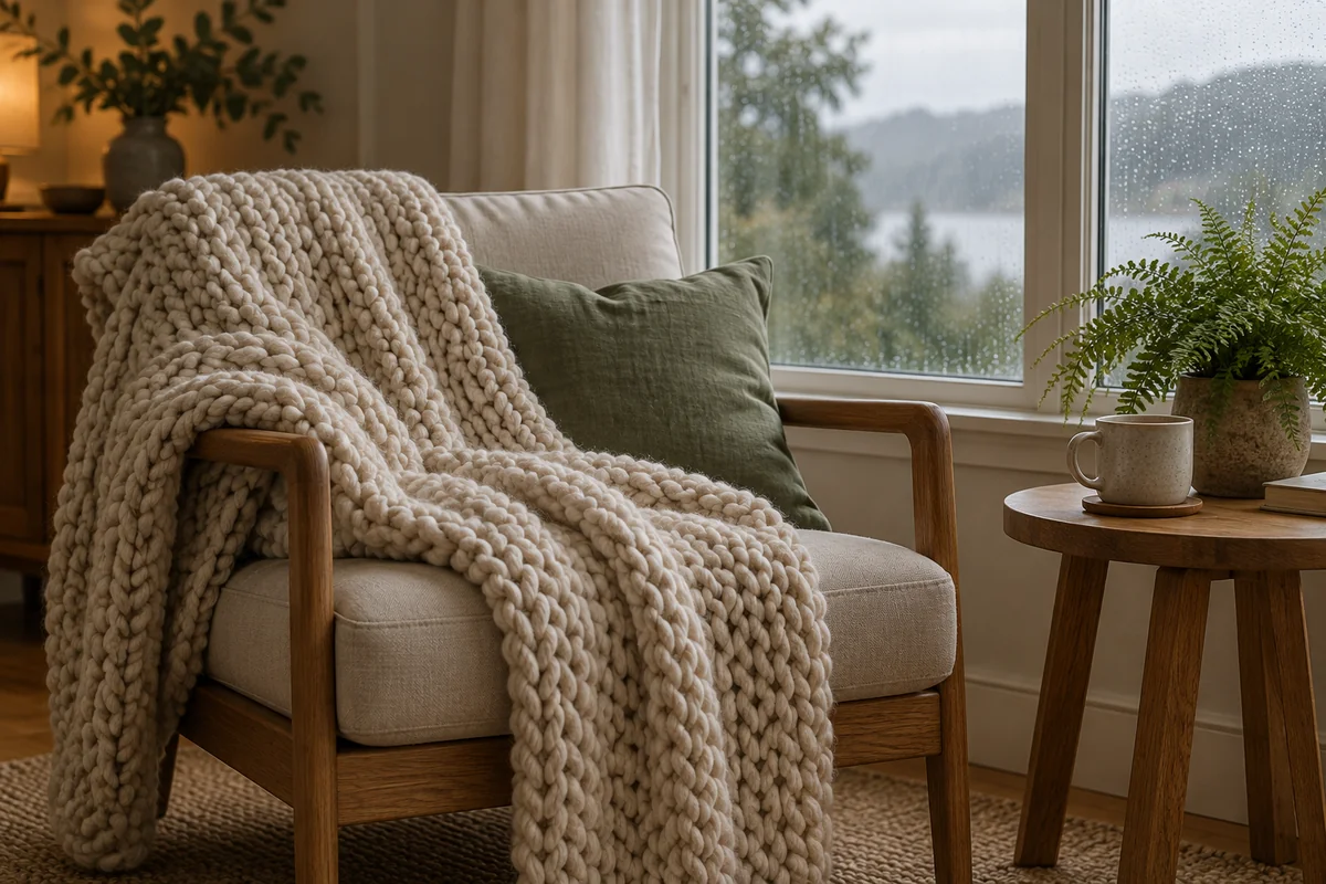 A knit throw draped over a chair beside a window with soft rain light.