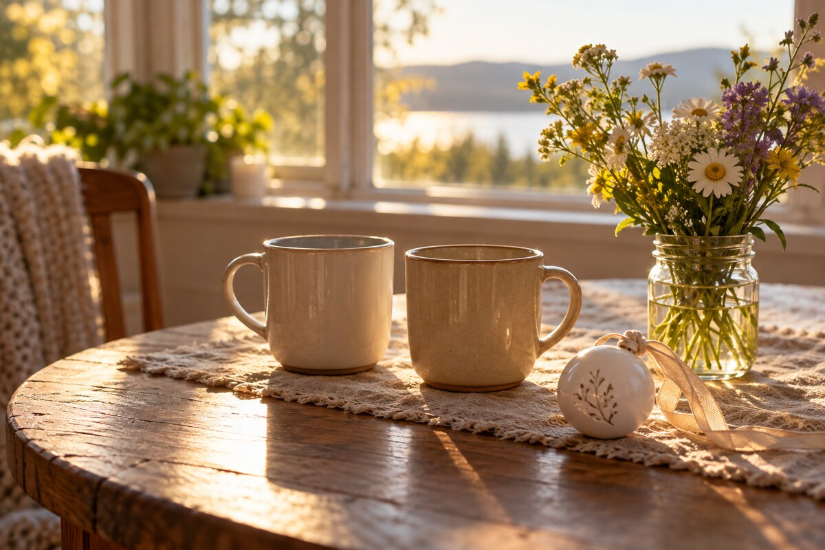 A pair of mugs and a small ornament on a table in golden light