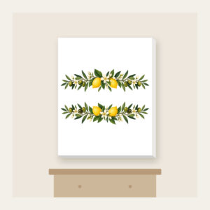 Olive and Lemon Branch Border Canvas Print in white: Olive and lemon branches run along both long edges in green, gold and cream.