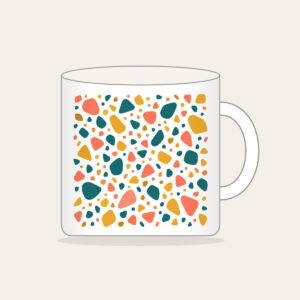 Coral, Teal and Mustard Terrazzo Pebbles Mug in white: All-over terrazzo pebbles in coral, teal and mustard on a cream ground with clear breathing room.