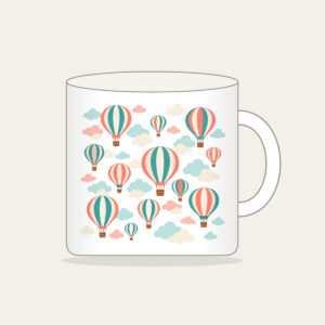 Striped Hot Air Balloons in the Clouds Mug in white: Striped hot air balloons drift through clouds in coral, teal and cream.