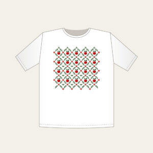 Orchard Diamond Lattice T-Shirt in white: A diamond lattice with small apple and leaf motifs in red, cream and green.