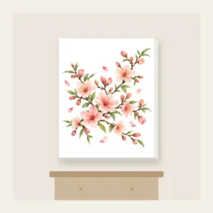 Peach Blossom Branches on Cream Canvas Print in white: Peach blossoms and slender branches in peach, rose and pale green rest on a glossy cream ground.