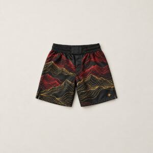 Ridgeback Elastic Waist Fight Shorts with all-over ridgeline stripes in black, crimson and gold with a small star near the hem